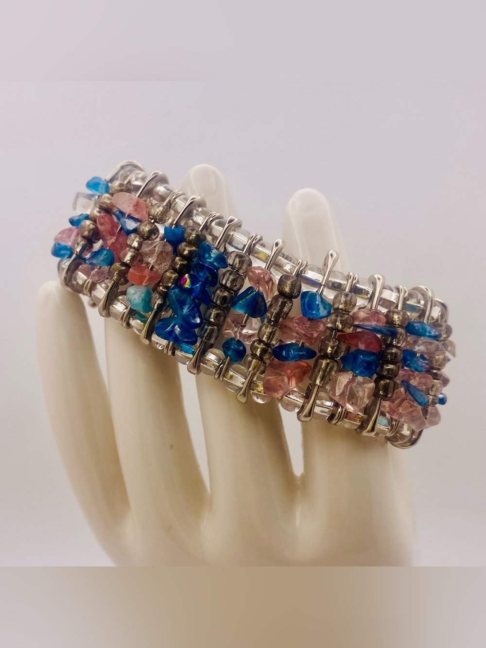 Safety Pin Stretch Cuff Bracelet Gemstone Chips Boho Y2K